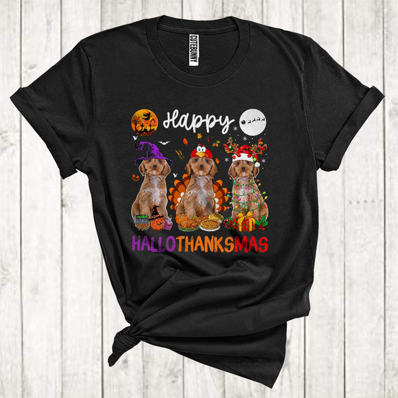 MacnyStore - Happy Halloween Thanksgiving Christmas Funny Three Cockapoo As Turkey Witch Santa T-Shirt