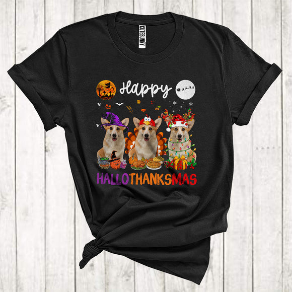 MacnyStore - Happy Halloween Thanksgiving Christmas Funny Three Corgi As Turkey Witch Santa T-Shirt