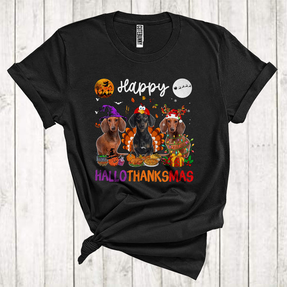 MacnyStore - Happy Halloween Thanksgiving Christmas Funny Three Dachshund As Turkey Witch Santa T-Shirt