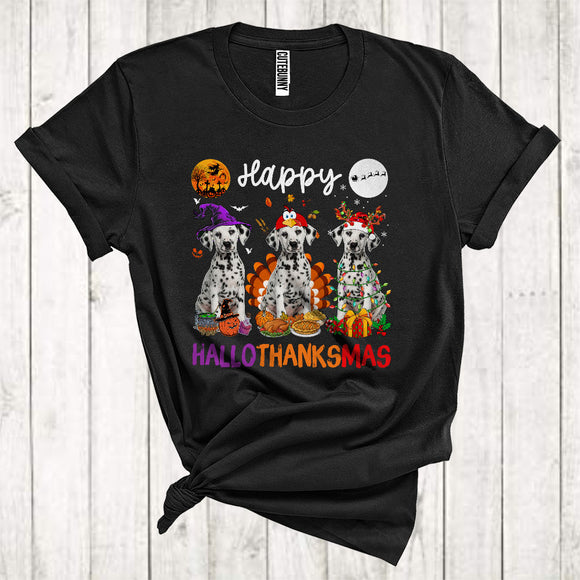 MacnyStore - Happy Halloween Thanksgiving Christmas Funny Three Dalmatian As Turkey Witch Santa T-Shirt