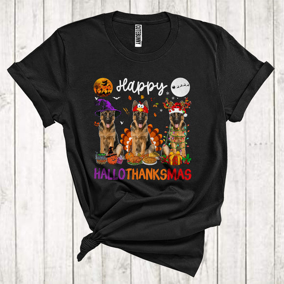 MacnyStore - Happy Halloween Thanksgiving Christmas Funny Three German Shepherd As Turkey Witch Santa T-Shirt