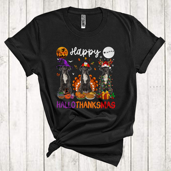 MacnyStore - Happy Halloween Thanksgiving Christmas Funny Three Great Dane As Turkey Witch Santa T-Shirt