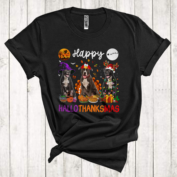 MacnyStore - Happy Halloween Thanksgiving Christmas Funny Three Pit Bull As Turkey Witch Santa T-Shirt