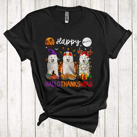MacnyStore - Happy Halloween Thanksgiving Christmas Funny Three Samoyed As Turkey Witch Santa T-Shirt