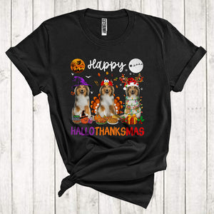 MacnyStore - Happy Halloween Thanksgiving Christmas Funny Three Sheltie As Turkey Witch Santa T-Shirt