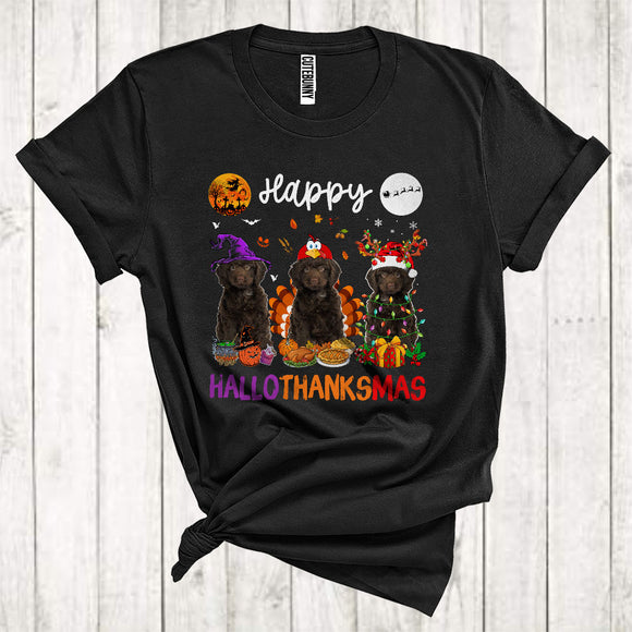 MacnyStore - Happy Halloween Thanksgiving Christmas Funny Three Sproodle As Turkey Witch Santa T-Shirt