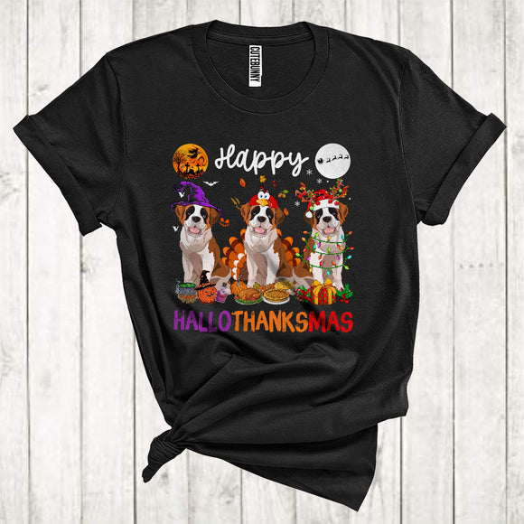 MacnyStore - Happy Halloween Thanksgiving Christmas Funny Three St. Bernard As Turkey Witch Santa T-Shirt