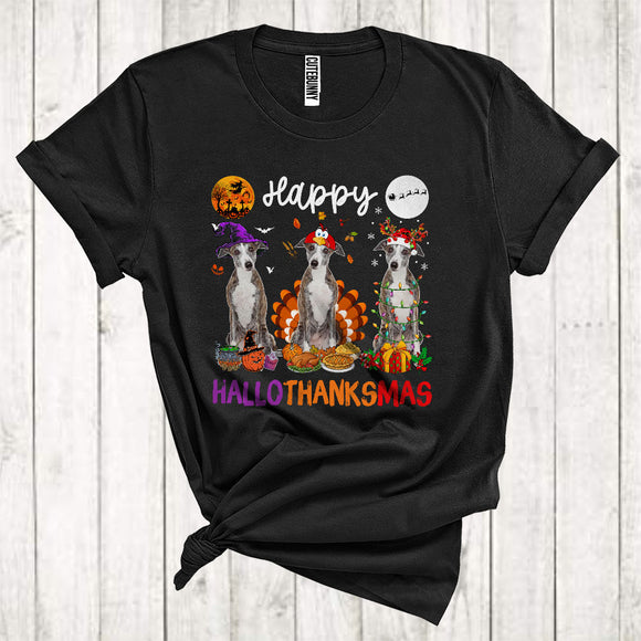 MacnyStore - Happy Halloween Thanksgiving Christmas Funny Three Whippet As Turkey Witch Santa T-Shirt