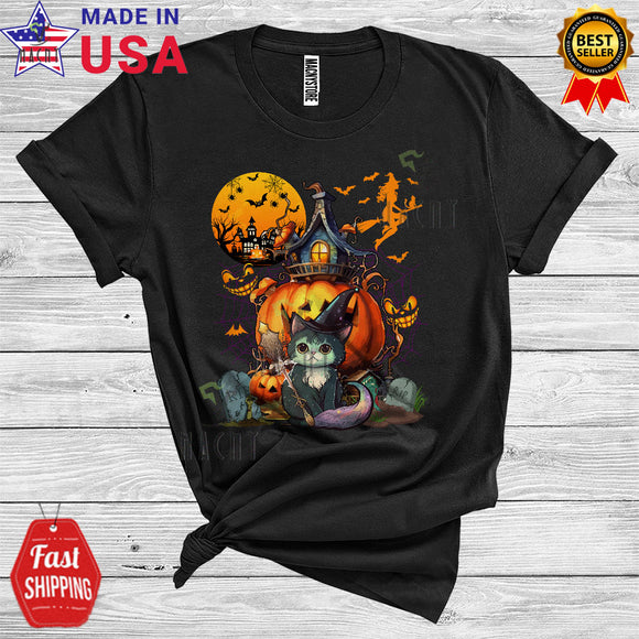MacnyStore - Happy Halloween Cat Witch Cute Pumpkin Scary Moon Animal Lover Cat Owner T-Shirt