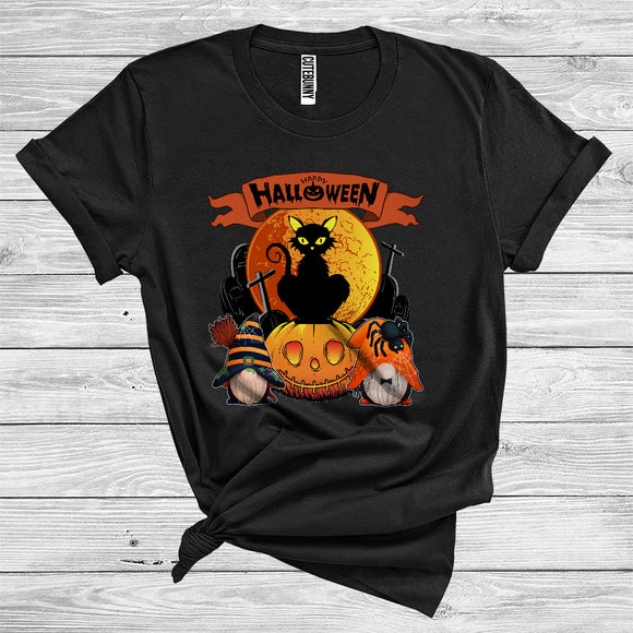 MacnyStore - Happy Halloween Cool Scary Black Cat Sitting On Carved Pumpkin Gnomes Halloween T-Shirt