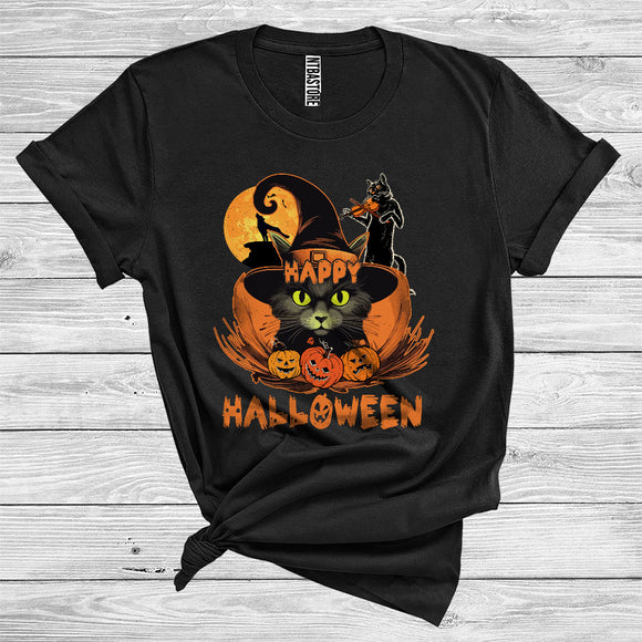 MacnyStore - Happy Halloween Costume Funny Cat Witch Playing Violin Horror Carved Pumpkins T-Shirt
