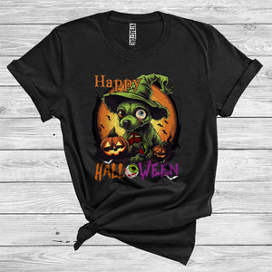 MacnyStore - Happy Halloween Cute Horror Witch Zombie Puppy Scary Eye With Carved Pumpkins T-Shirt