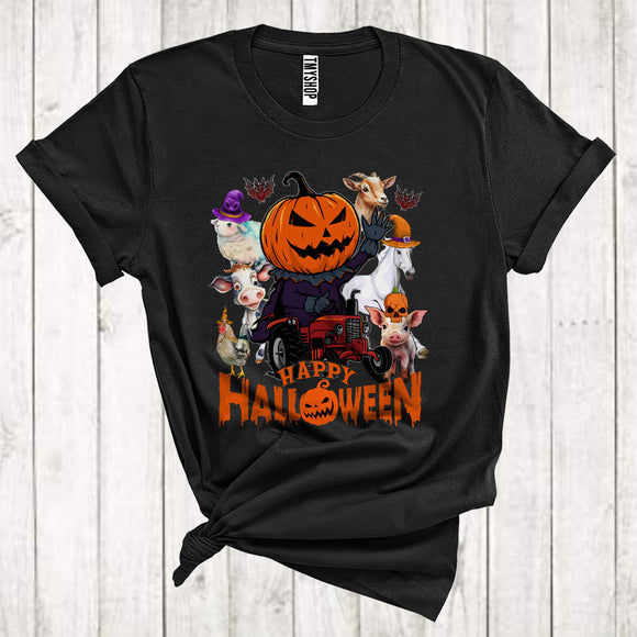 MacnyStore - Happy Halloween Cute Pumpkin Farmer Witch Driving Tractor Farm Animals Lover T-Shirt