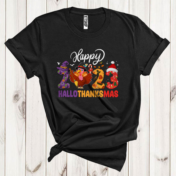 MacnyStore - Happy Halloween Thanksgiving Christmas 2023 Cool Witch Turkey Pilgrim Santa T-Shirt