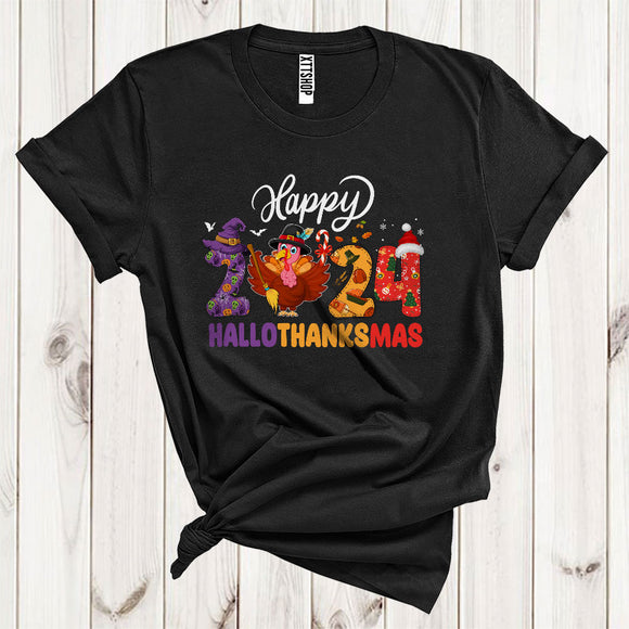 MacnyStore - Happy Halloween Thanksgiving Christmas 2024 Cool Witch Turkey Pilgrim Santa T-Shirt