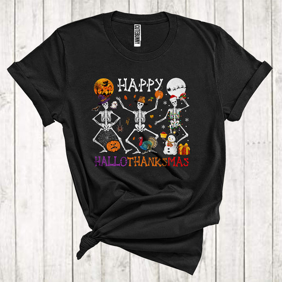 MacnyStore - Happy Halloween Thanksgiving Christmas Three Funny Skeletons Wearing Santa Witch Pilgrim T-Shirt