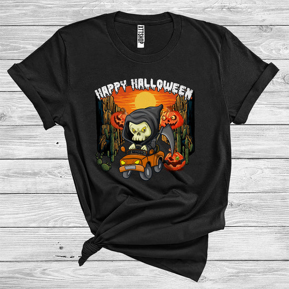 MacnyStore - Happy Halloween The Death Driving Monster Truck Carved Pumpkins Cactus Sun T-Shirt