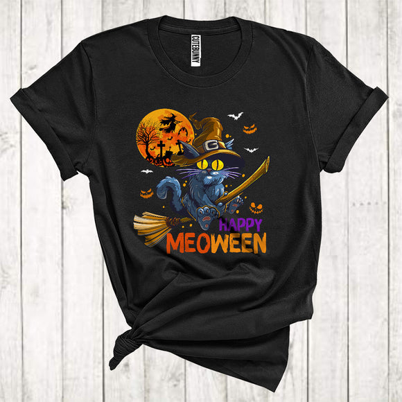 MacnyStore - Happy Meoween Funny Halloween Cat Witch Riding Broomstick Cat Owner T-Shirt