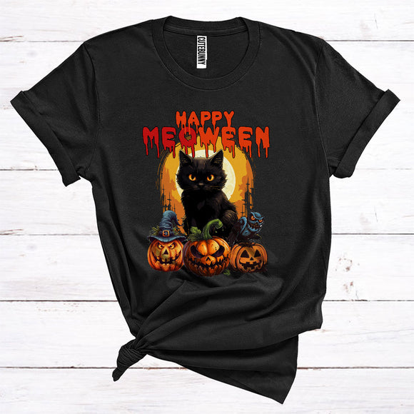 MacnyStore - Happy Meoween Halloween Cat Horror Carved Pumpkins As Witch Funny Cat Owner T-Shirt