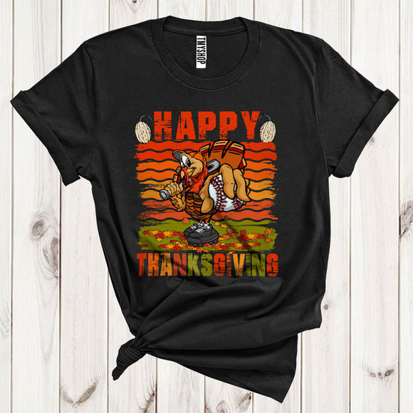 MacnyStore - Happy Thanksgiving Cool Autumn Fall Leaves Turkey Baseball Player Sport Lover T-Shirt