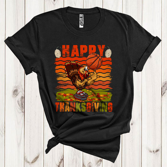 MacnyStore - Happy Thanksgiving Cool Autumn Fall Leaves Turkey Basketball Player Sport Lover T-Shirt