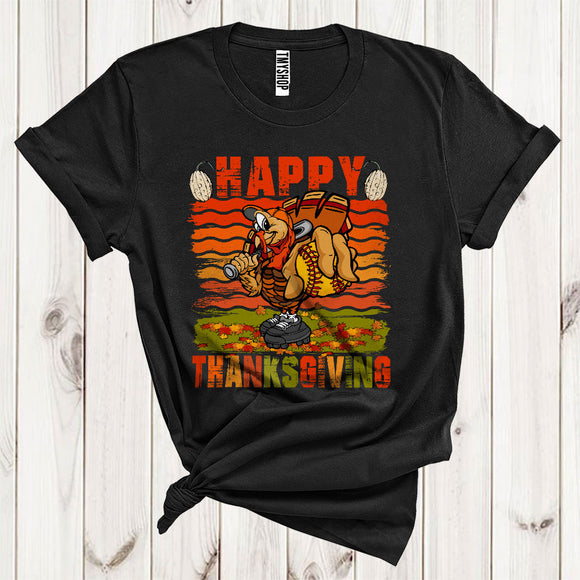 MacnyStore - Happy Thanksgiving Cool Autumn Fall Leaves Turkey Softball Player Sport Lover T-Shirt