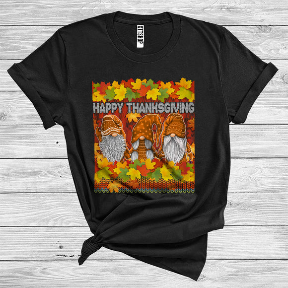 MacnyStore - Happy Thanksgiving Cute Three Gnomes Fall Leaves Autumn Sweater Lover T-Shirt