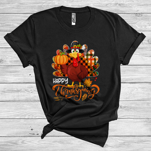 MacnyStore - Happy Thanksgiving Cute Turkey Pilgrim Leopard Plaid With Pumpkin Fall Leaves Lover T-Shirt