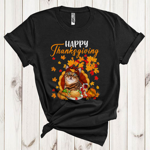 MacnyStore - Happy Thanksgiving Funny Cat Turkey With Dinner Fall Autumn Tree Pumpkin Lover T-Shirt
