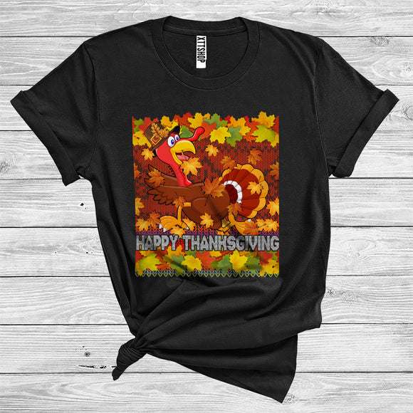 MacnyStore - Happy Thanksgiving Funny Running Turkey Wearing Pilgrim Fall Leaves Sweater Lover T-Shirt