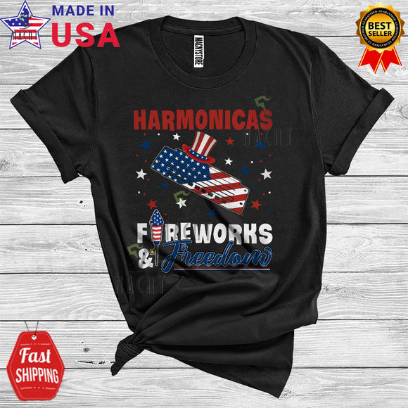 MacnyStore - Harmonicas Fireworks And Freedom Patriotic 4th Of July Proud American Flag Musical Instruments T-Shirt