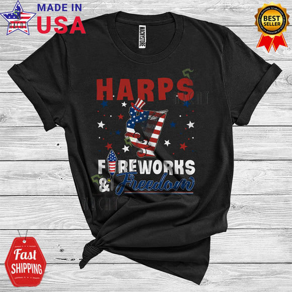 MacnyStore - Harps Fireworks And Freedom Patriotic 4th Of July Proud American Flag Musical Instruments T-Shirt