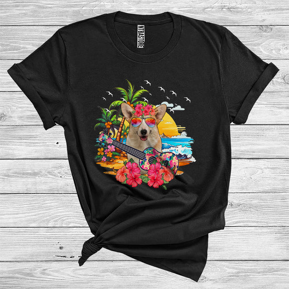 MacnyStore - Hawaii Corgi With Floral Sunglass Guitar Funny Summer Vacation Sea Beach Lover T-Shirt