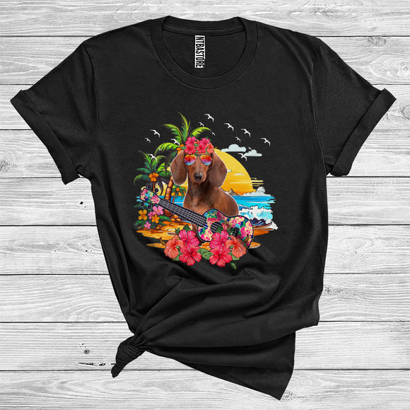 MacnyStore - Hawaii Dachshund With Floral Sunglass Guitar Funny Summer Vacation Sea Beach Lover T-Shirt