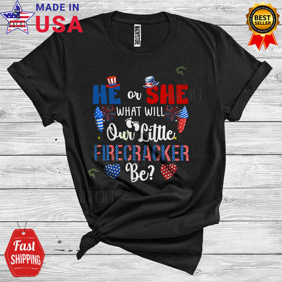 MacnyStore - He Or She What Will Our Little Firecracker Be Cool Gender Reveal Pregnancy 4th Of July T-Shirt