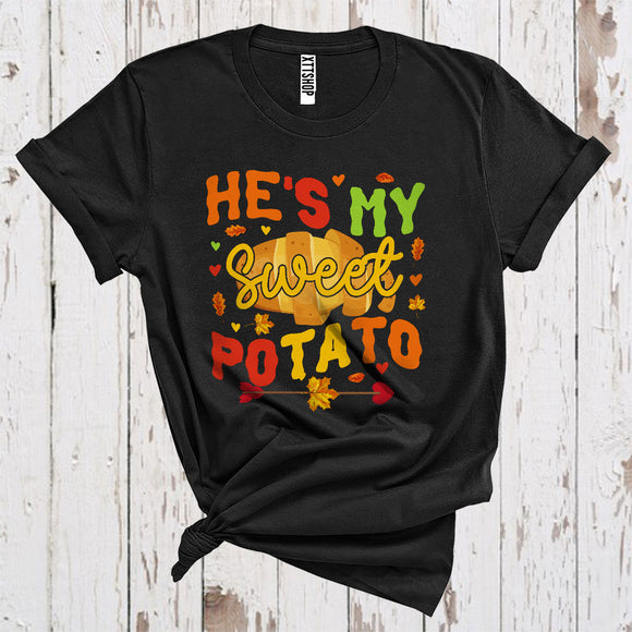 MacnyStore - He's My Sweet Potato Matching Thanksgiving Couple Family Autumn Fall Leaves Lover T-Shirt