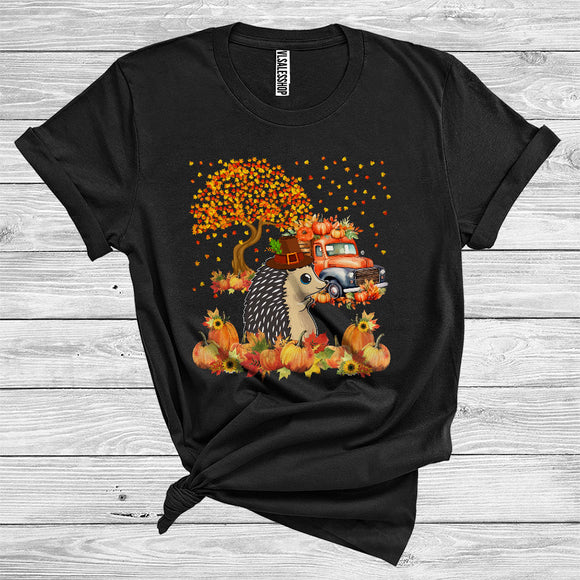 MacnyStore - Hedgehog Pilgrim Cute Thanksgiving Fall Tree Leaves Pumpkins On Pickup Truck Wild Animal Lover T-Shirt