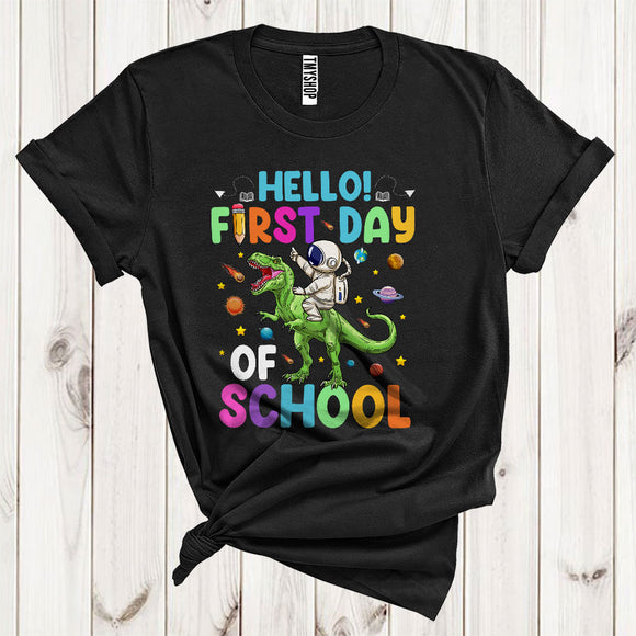 MacnyStore - Hello First Day Of School Astronaut Riding T-Rex Dinosaur Cute Back To School Kids T-Shirt