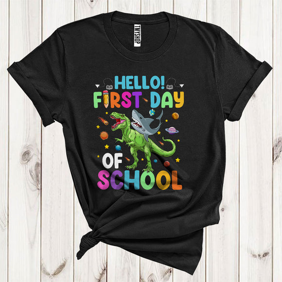 MacnyStore - Hello First Day Of School Shark Riding T-Rex Dinosaur Cute Back To School Kids T-Shirt
