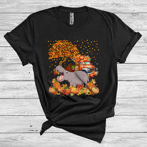 MacnyStore - Hippo Pilgrim Cute Thanksgiving Fall Tree Leaves Pumpkins On Pickup Truck Wild Animal Lover T-Shirt