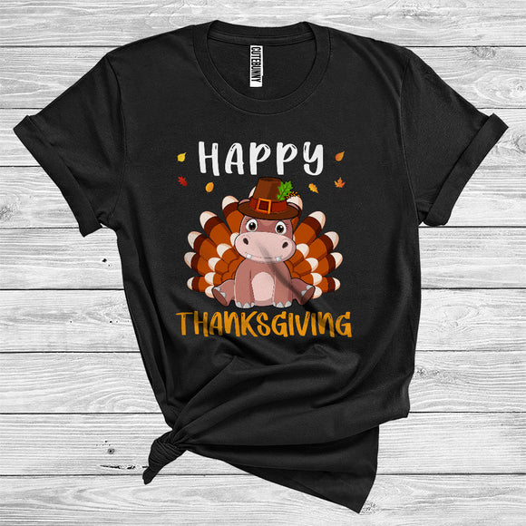 MacnyStore - Hippo As Turkey Wearing Pilgrim Matching Turkey Hunting Wild Animal Happy Thanksgiving T-Shirt