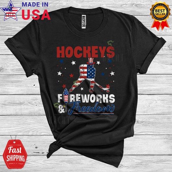 MacnyStore - Hockeys Fireworks And Freedom Patriotic 4th Of July Proud American Flag Sports Player Lover T-Shirt