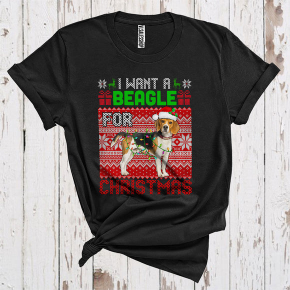 MacnyStore - I Want A Beagle For Christmas Cute Sweater Xmas Lights Santa Beagle Lover T-Shirt