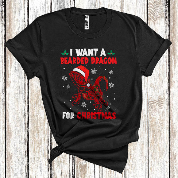 MacnyStore - I Want A Bearded Dragon For Christmas Cool Santa Xmas Red Plaid Bearded Dragon Lover T-Shirt