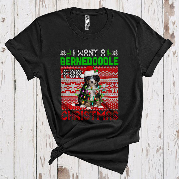 MacnyStore - I Want A Bernedoodle For Christmas Cute Sweater Xmas Lights Santa Bernedoodle Lover T-Shirt