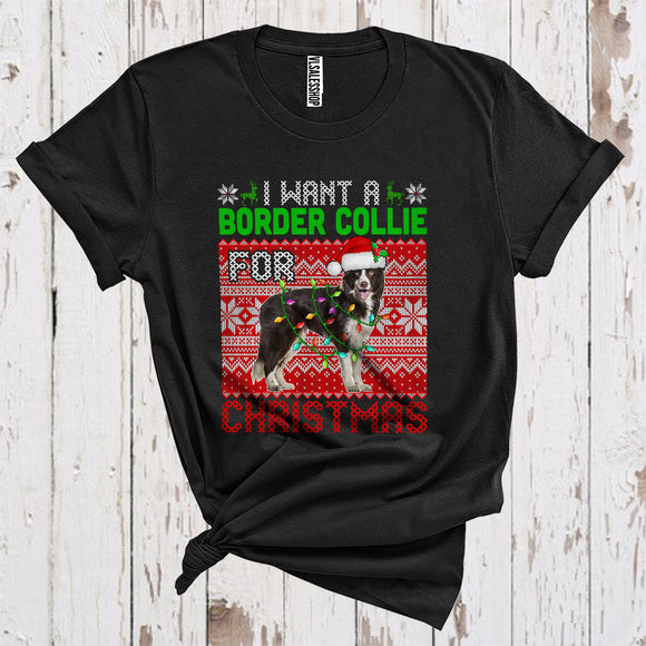 MacnyStore - I Want A Border Collie For Christmas Cute Sweater Xmas Lights Santa Border Collie Lover T-Shirt