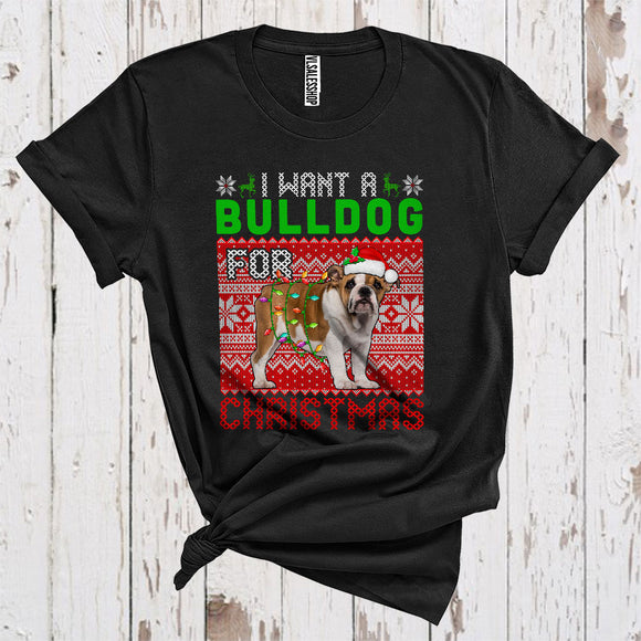 MacnyStore - I Want A Bulldog For Christmas Cute Sweater Xmas Lights Santa Bulldog Lover T-Shirt