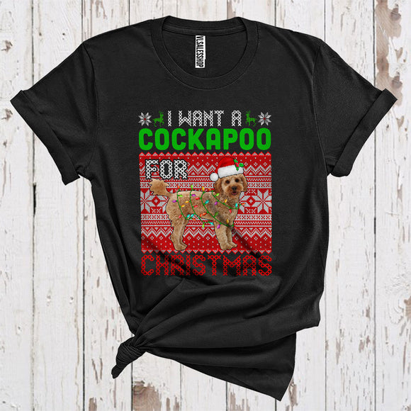 MacnyStore - I Want A Cockapoo For Christmas Cute Sweater Xmas Lights Santa Cockapoo Lover T-Shirt