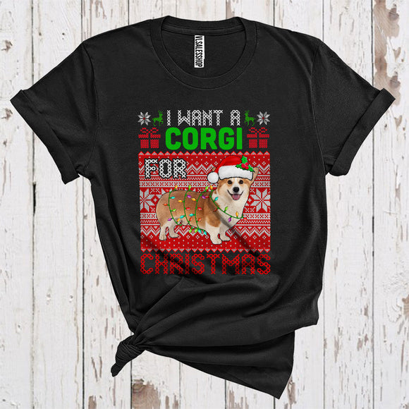 MacnyStore - I Want A Corgi For Christmas Cute Sweater Xmas Lights Santa Corgi Lover T-Shirt