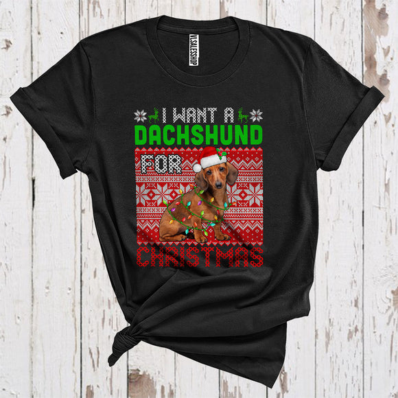 MacnyStore - I Want A Dachshund For Christmas Cute Sweater Xmas Lights Santa Dachshund Lover T-Shirt